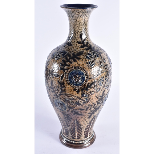 110 - A LARGE DOULTON STONEWARE BALUSTER VASE decorated with roundels and foliage. 38 cm high.