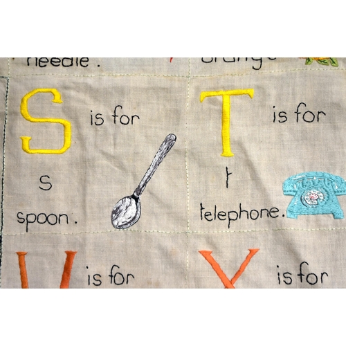 117 - A VINTAGE EMBROIDERED ALPHABET PANEL. 80 cm square.