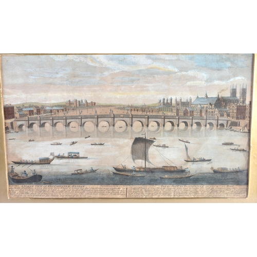 121 - A MID 18TH CENTURY HAND COLOURED ENGRAVING OF WESTMINSTER BRIDGE August 20th 1751. 50 cm x 40 cm.