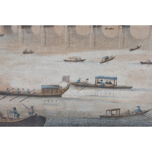 121 - A MID 18TH CENTURY HAND COLOURED ENGRAVING OF WESTMINSTER BRIDGE August 20th 1751. 50 cm x 40 cm.