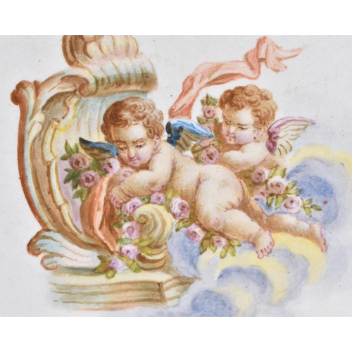 128 - A PAIR OF 18TH CENTURY CONTINENTAL FLUTED POTTERY DISHES painted with putti. 25 cm wide.