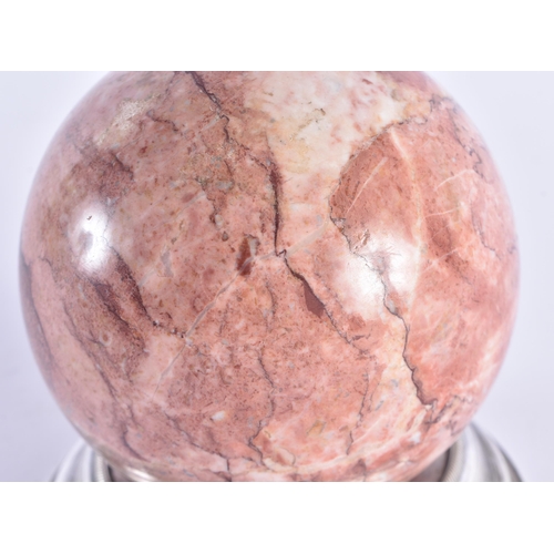 13 - A LATE 19TH CENTURY CARVED RHODONITE SCHOLARS BALL ON STAND. 11 cm diameter. (2)