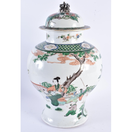 130 - A LARGE 19TH CENTURY CHINESE FAMILLE VERTE PORCELAIN VASE AND COVER Kangxi tyle, painted with figure... 