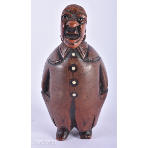 135B - AN EARLY 19TH CENTURY CARVED FRUITWOOD TREEN SNUFF BOX formed as a male wearing a four buttoned suit... 