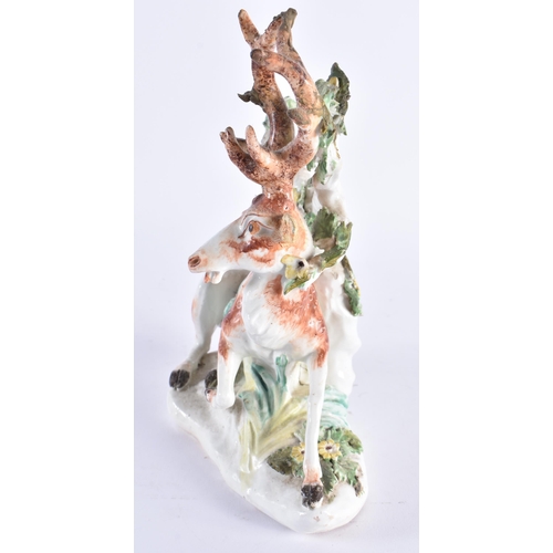 136 - A LARGE 18TH CENTURY DERBY PORCELAIN FIGURE OF A RECUMBANT DEER. 21 cm x 15 cm.