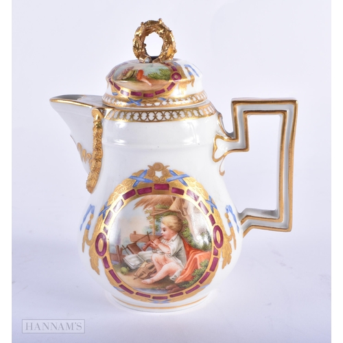 140A - A 19TH CENTURY MEISSEN PORCELAN TEASET painted with classical scenes and floral swags. (qty) 13.5 cm... 