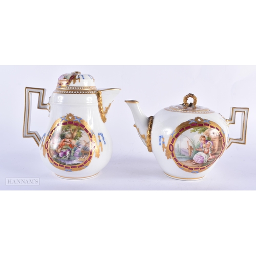 140A - A 19TH CENTURY MEISSEN PORCELAN TEASET painted with classical scenes and floral swags. (qty) 13.5 cm... 