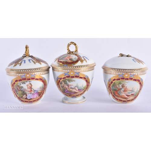 140A - A 19TH CENTURY MEISSEN PORCELAN TEASET painted with classical scenes and floral swags. (qty) 13.5 cm... 