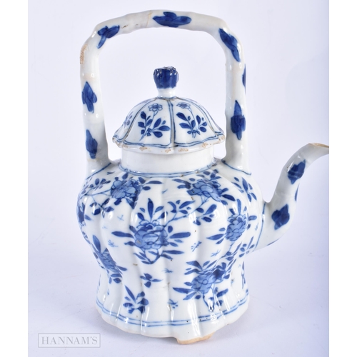 140D - A 17TH/18TH CENTURY CHINESE BLUE AND WHITE LOBED TEAPOT AND COVER Kangxi, painted with flowers. 17 c... 