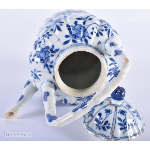 140D - A 17TH/18TH CENTURY CHINESE BLUE AND WHITE LOBED TEAPOT AND COVER Kangxi, painted with flowers. 17 c... 