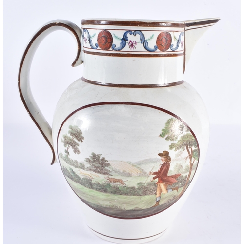 147 - AN EARLY 19TH CENTURY CREAMWARE JUG painted with figures in a landscape. 21 cm high.