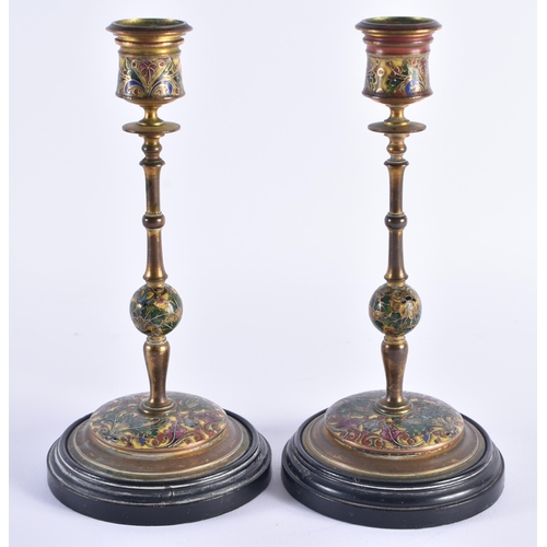 15 - A FINE PAIR OF 19TH CENTURY FRENCH BRONZE AND ENAMEL CANDLESTICKS by Barbedienne, decorated with fol... 