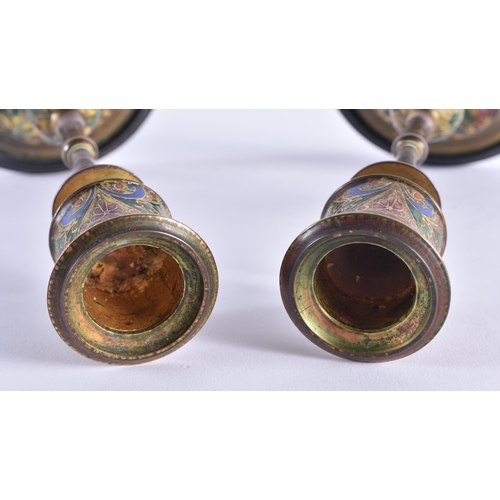 15 - A FINE PAIR OF 19TH CENTURY FRENCH BRONZE AND ENAMEL CANDLESTICKS by Barbedienne, decorated with fol... 