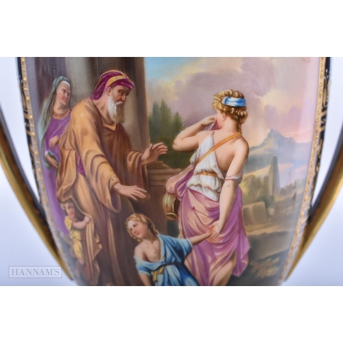 150A - A LARGE EARLY 20TH CENTURY VIENNA TWIN HANDLED VASE AND COVER painted with classical scenes. 35 cm x... 