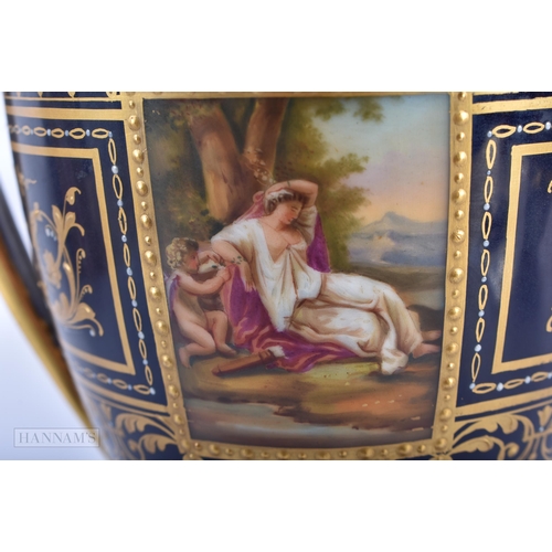 150A - A LARGE EARLY 20TH CENTURY VIENNA TWIN HANDLED VASE AND COVER painted with classical scenes. 35 cm x... 