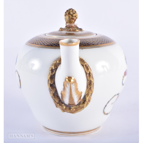 150C - A 19TH CENTURY MEISSEN PORCELAIN BULLET FORM TEAPOT AND COVER painted with a floral wreath monogram.... 