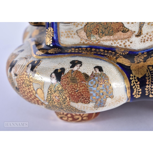 150D - A 19TH CENTURY JAPANESE MEIJI PERIOD TWIN HANDLED SATSUMA KORO AND COVER painted with figures within... 