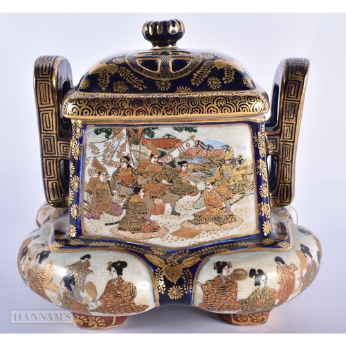 150D - A 19TH CENTURY JAPANESE MEIJI PERIOD TWIN HANDLED SATSUMA KORO AND COVER painted with figures within... 