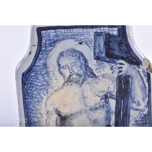 155A - AN 18TH/19TH CENTURY CONTINENTAL FAIENCE BLUE AND WHITE TEA CANISTER AND COVER painted with Christ. ... 