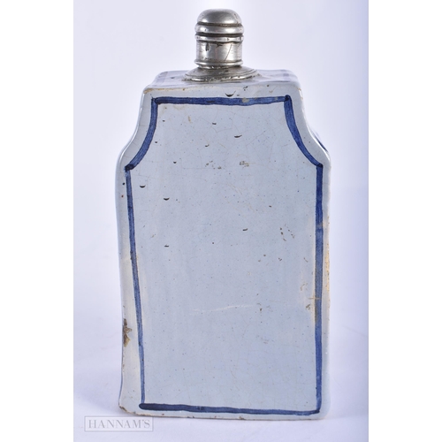 155A - AN 18TH/19TH CENTURY CONTINENTAL FAIENCE BLUE AND WHITE TEA CANISTER AND COVER painted with Christ. ... 