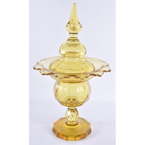 157 - A LARGE ANTIQUE SMOKEY MUSTARD GLASS VASE AND COVER. 42 cm x 24 cm.