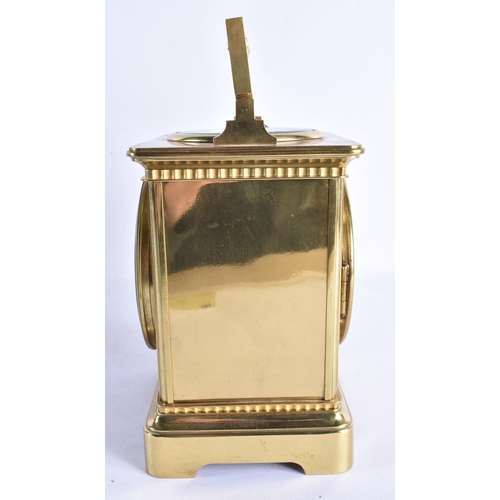 160 - A VERY LARGE LATE 19TH CENTURY BRASS CASED CARRIAGE CLOCK within leather case. 26 cm x 15 cm inc han... 