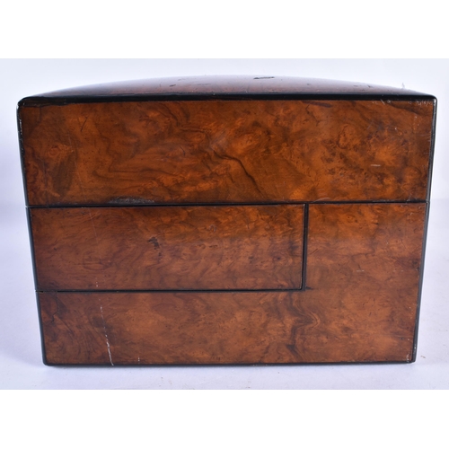 165 - A VICTORIAN BURR WALNUT WORK BOX with fitted interior. 27 cm x 18 cm.