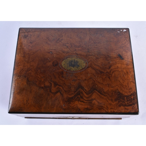 165 - A VICTORIAN BURR WALNUT WORK BOX with fitted interior. 27 cm x 18 cm.