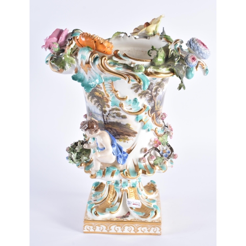 17 - A LARGE EARLY 19TH CENTURY COALBROOKDALE PORCELAIN VASE encrusted with birds, foliage and a figure, ... 