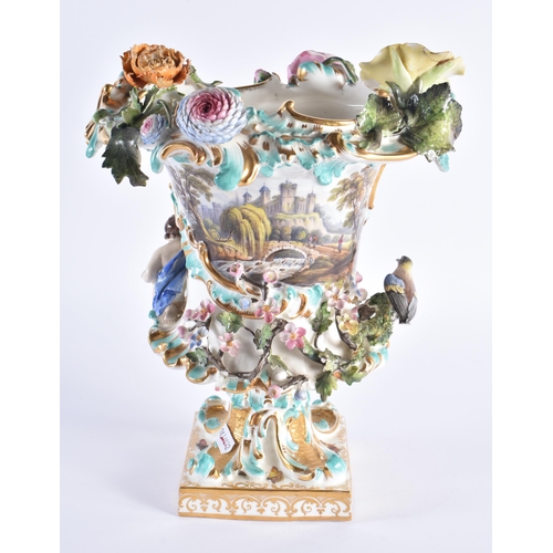 17 - A LARGE EARLY 19TH CENTURY COALBROOKDALE PORCELAIN VASE encrusted with birds, foliage and a figure, ... 