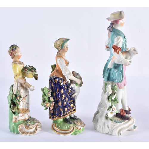 176 - THREE 18TH CENTURY DERBY PORCELAIN FIGURES. Largest 18 cm high. (3)