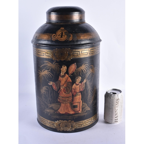 182 - A LARGE PAINTED TOLEWARE TEA CANISTER AND COVER painted with Chinese figures. 40 cm high.