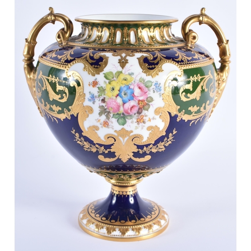 1 - A FINE ROYAL CROWN DERBY TWIN HANDLED PORCELAIN VASE Attributed to Gregory or Gresley. 21 cm x 18 cm... 