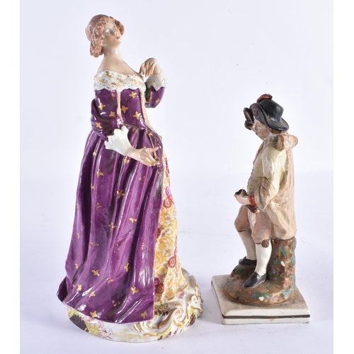 187 - A 19TH CENTURY DERBY PORCELAIN FIGURE OF A FEMALE together with a smaller pearlware figure. Largest ... 