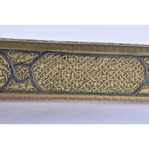 188 - A 19TH CENTURY ISLAMIC PERSIAN SILVER INLAID SCRIBES BOX. 21 cm wide.