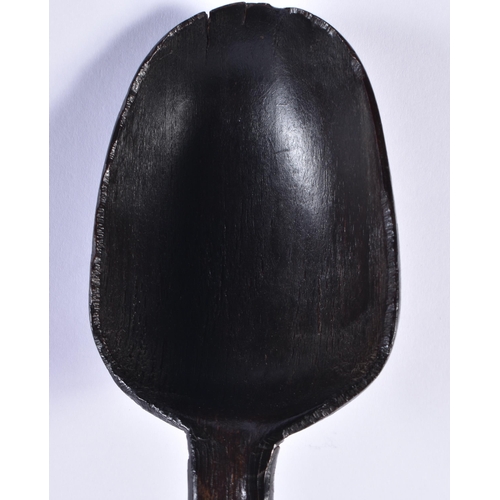 192 - A VERY LARGE EARLY 20TH CENTURY TRIBAL CARVED HORN SPOON signed RT. 48 cm long.