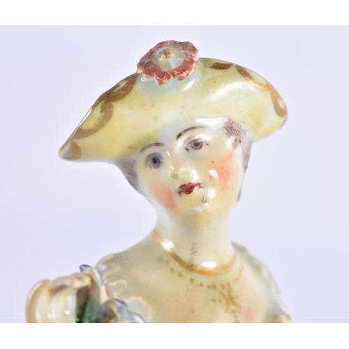 195 - A MATCHED PAIR OF 18TH CENTURY ENGLISH PORCELAIN FIGURES 16 cm high.