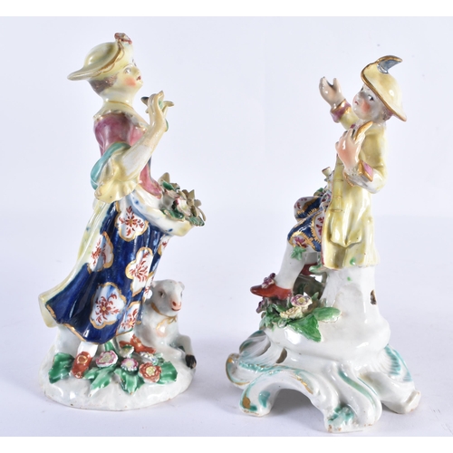 195 - A MATCHED PAIR OF 18TH CENTURY ENGLISH PORCELAIN FIGURES 16 cm high.