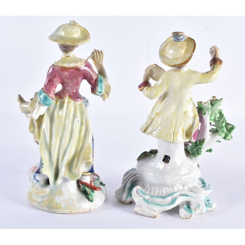 195 - A MATCHED PAIR OF 18TH CENTURY ENGLISH PORCELAIN FIGURES 16 cm high.