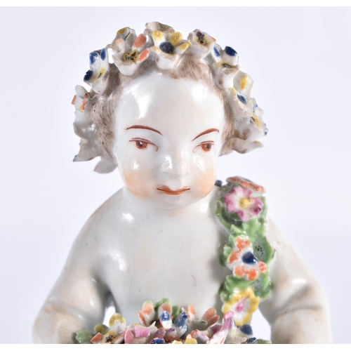 198 - TWO 18TH CENTURY DERBY PORCELAIN FIGURES one formed as a putti. Largest 23.5 cm high. (2)