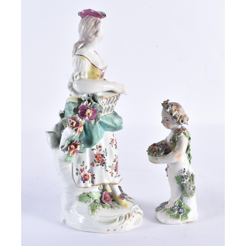 198 - TWO 18TH CENTURY DERBY PORCELAIN FIGURES one formed as a putti. Largest 23.5 cm high. (2)