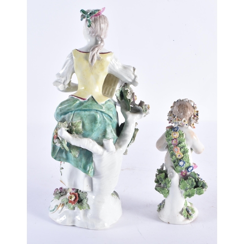 198 - TWO 18TH CENTURY DERBY PORCELAIN FIGURES one formed as a putti. Largest 23.5 cm high. (2)