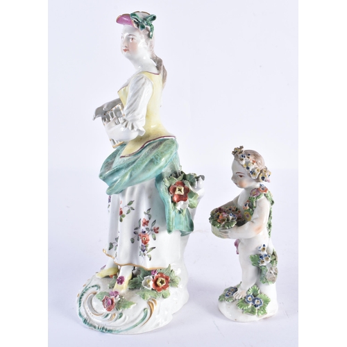 198 - TWO 18TH CENTURY DERBY PORCELAIN FIGURES one formed as a putti. Largest 23.5 cm high. (2)