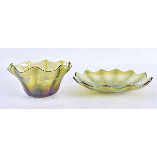 203 - AN ART NOUVEAU AUSTRIAN GREEN GLASS BOWL possibly Loetz, together with a smaller bowl. Largest 17 cm... 