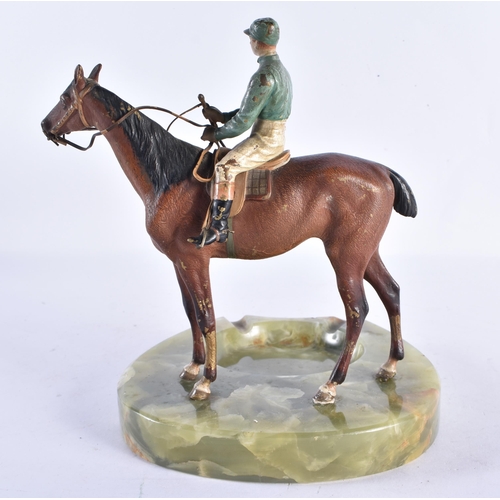 206 - AN EARLY 20TH CENTURY AUSTRIAN COLD PAINTED BRONZE ASHTRAY formed as a jockey on horseback. 19 cm hi... 