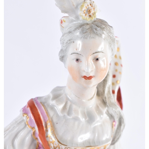 210 - A LARGE PAIR OF 18TH CENTURY DERBY PORCELAIN FIGURES one holding a tambourine. 27 cm high.