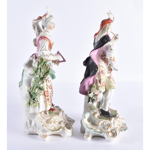 210 - A LARGE PAIR OF 18TH CENTURY DERBY PORCELAIN FIGURES one holding a tambourine. 27 cm high.