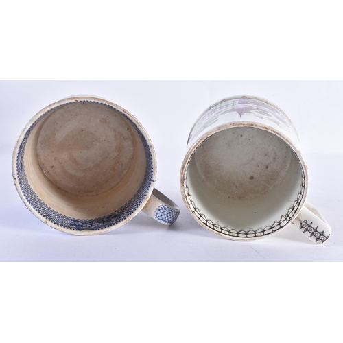 224 - TWO UNUSUAL 19TH CENTURY ENGLISH STEVENSONS ROCKET POTTERY MUGS. 10.5 cm high. (2)