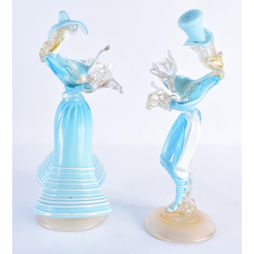 232 - A PAIR OF ITALIAN GLASS FIGURES OF DANCERS. 28 cm high.