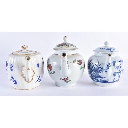 245 - TWO 18TH CENTURY WORCESTER PORCELAIN TEAPOTS AND COVERS together with a Liverpool teapot. Largest 18... 